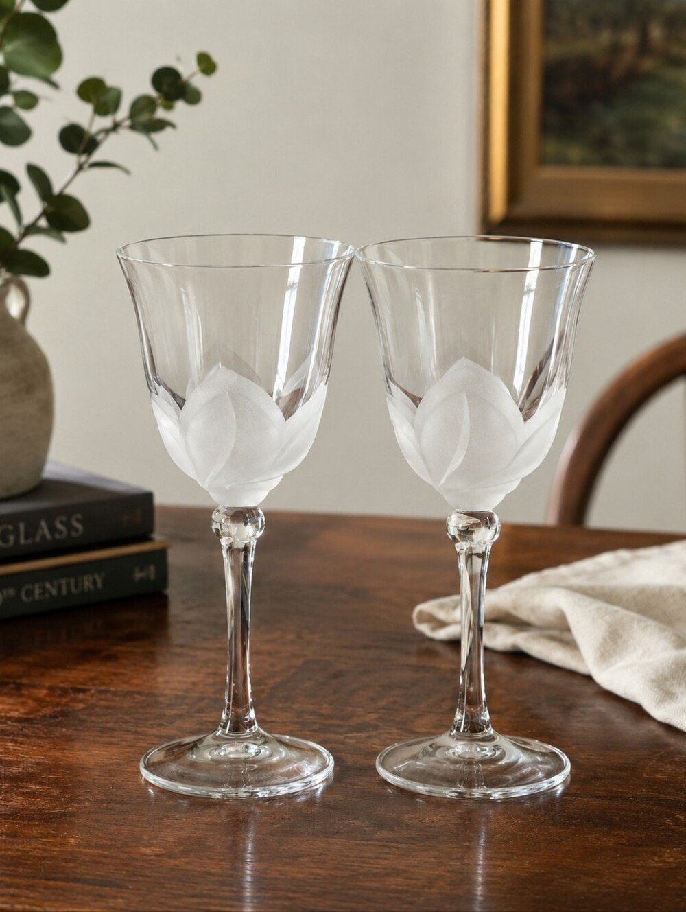 Vintage J.G. Durand France Crystal Florence Frosted Tulip Wine Glasses Set of 2